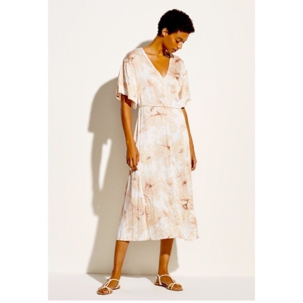 Vince Printed Magnolia Dress Off White Floral V-Neck Midi V651051116 NEW